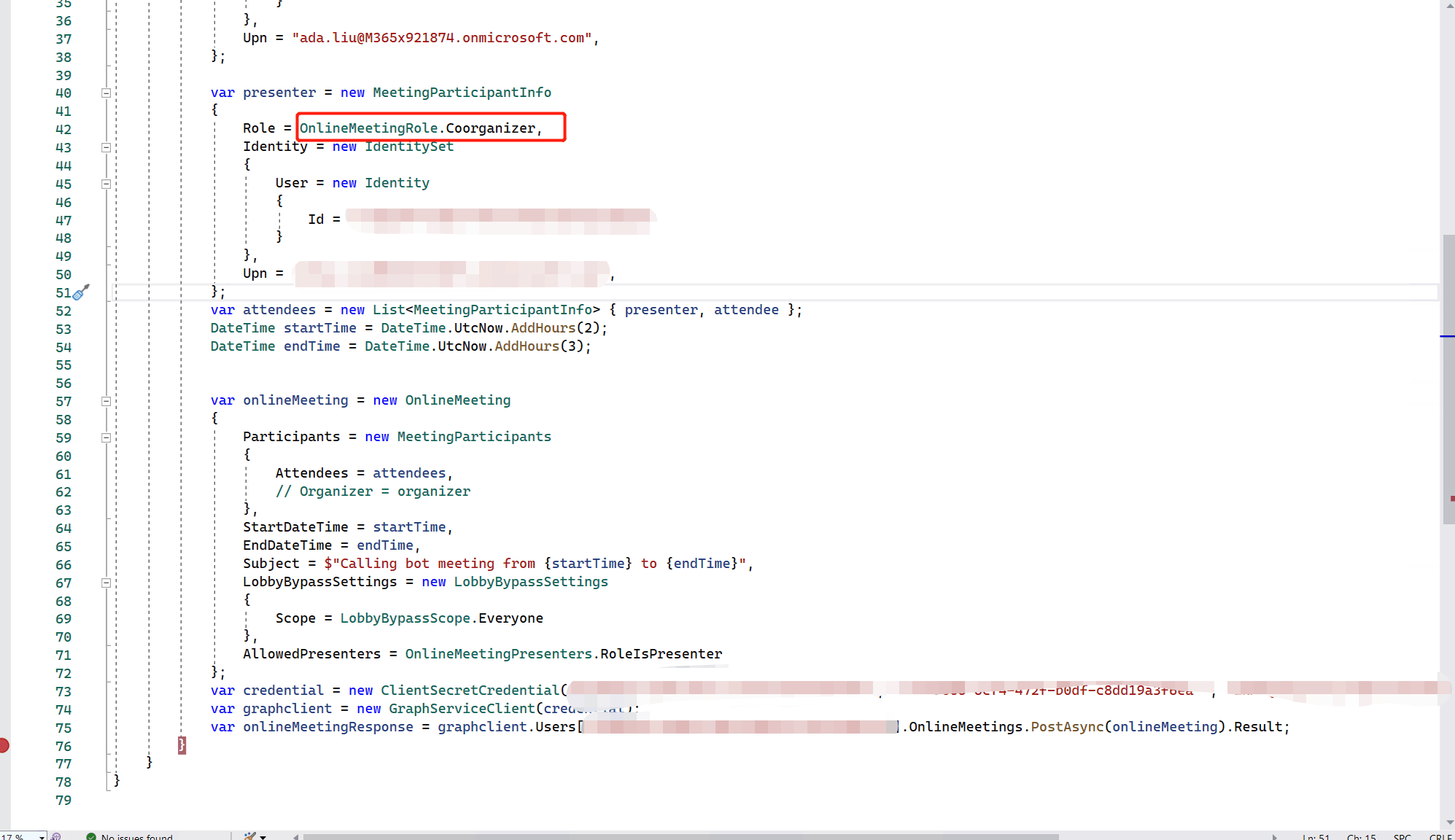 Graph api teams online meeting participant role setting failed