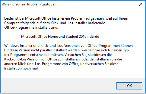 Die Installation von Office mit Klick-und-Los und Windows Installer auf dem  gleichen Computer wird nicht unterstützt - Microsoft-Support