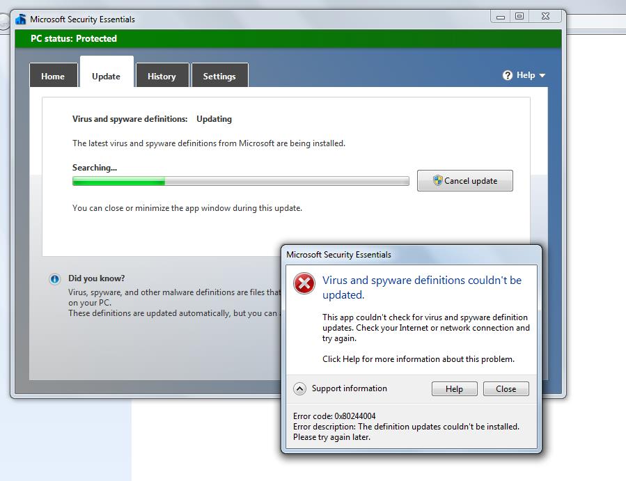 Microsoft security essentials update failed windows 7 fix