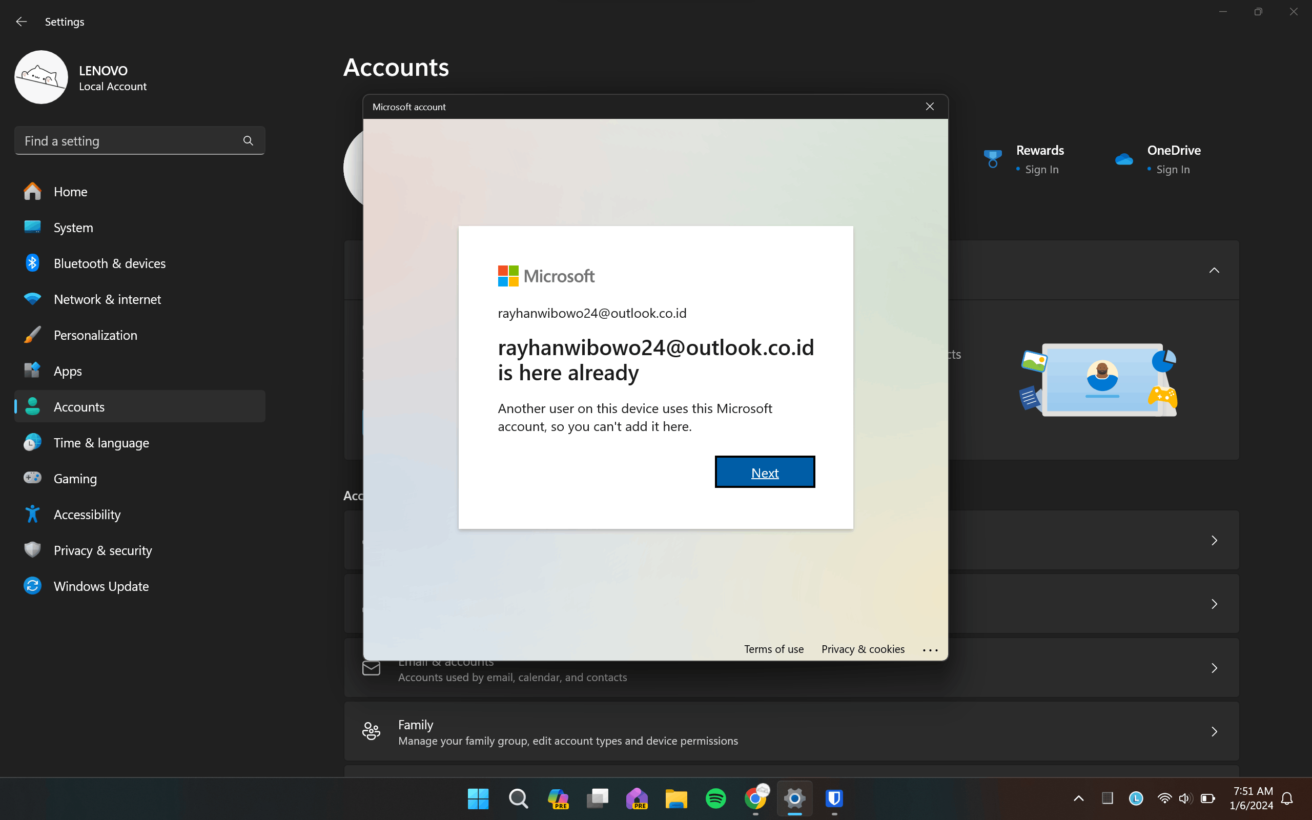 Another user on this device uses this Microsoft account, so you 