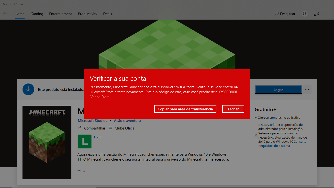 Erro 803F8001 No Minecraft - Microsoft Community