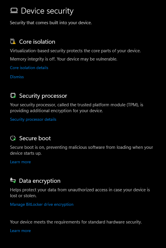 Windows 11 Device Security Settings Not Available - Microsoft Community