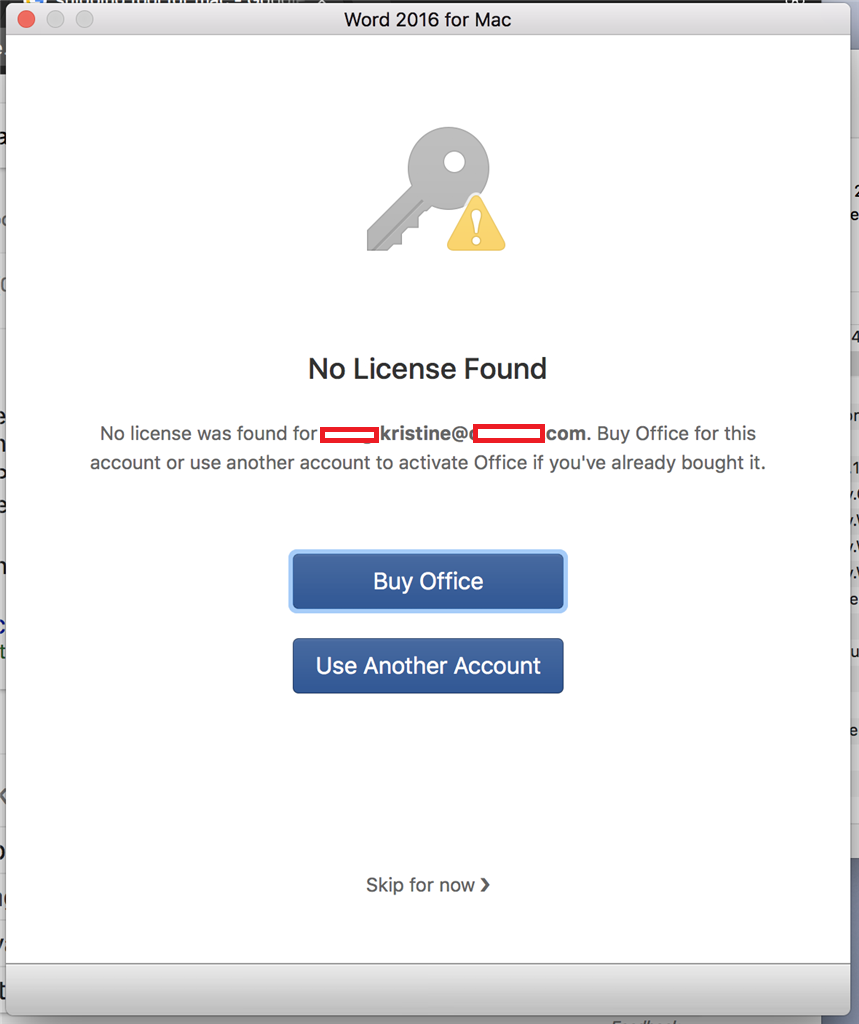 No license found on mac for office 2016