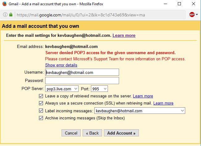 outlook for mac error add gmail account