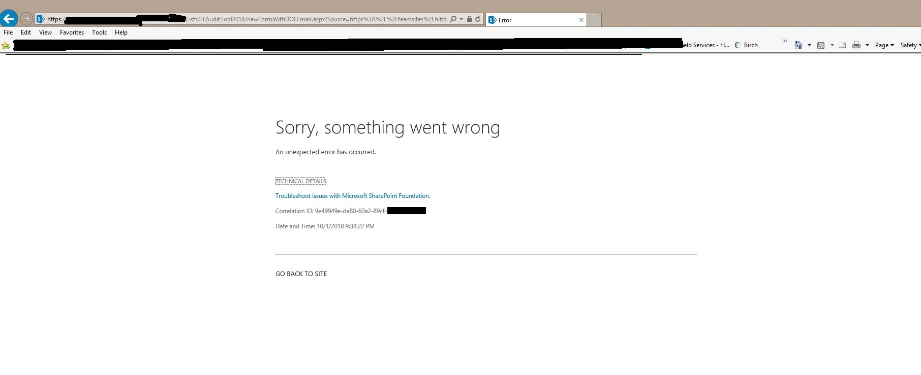 SharePoint 2013 - Sorry, something went wrong An unexpected error 