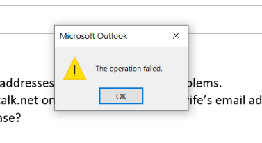 "Operation failed" error. Another Outlook problem. Windows 10 