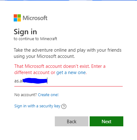 MICROSOFT LOGIN Create a new Microsoft account Ainecraft.exe has stoppe  caused the king correctly Close