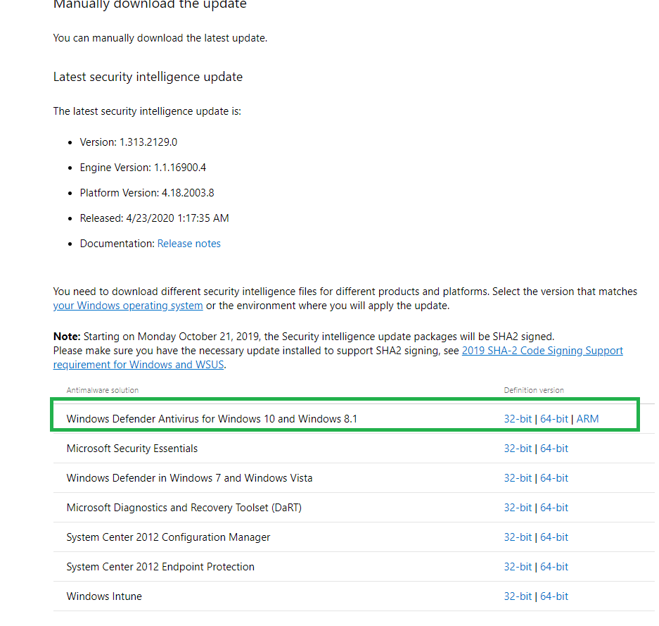 Windows Defender Antivirus용 보안 인텔리전스 업데이트 - KB2267602 (버전 - Microsoft 커뮤니티