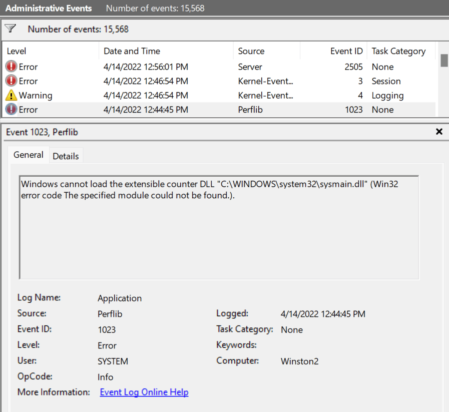 Windows cannot load the extensible counter DLL Event 1023, Perfib