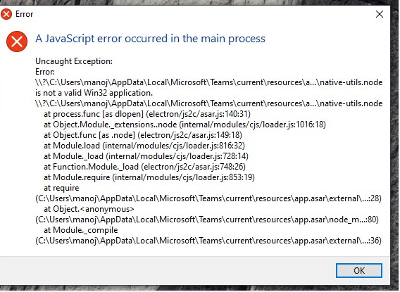 Teams not installing, a java script error occured in the main process ...