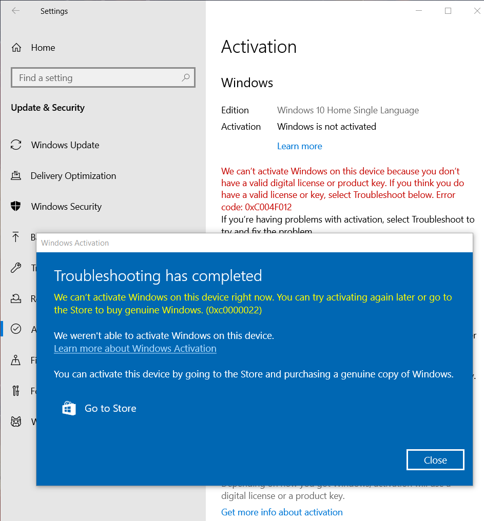 Error Code 0xC004F012 And 0xc0000022 In Activating Windows - Microsoft ...