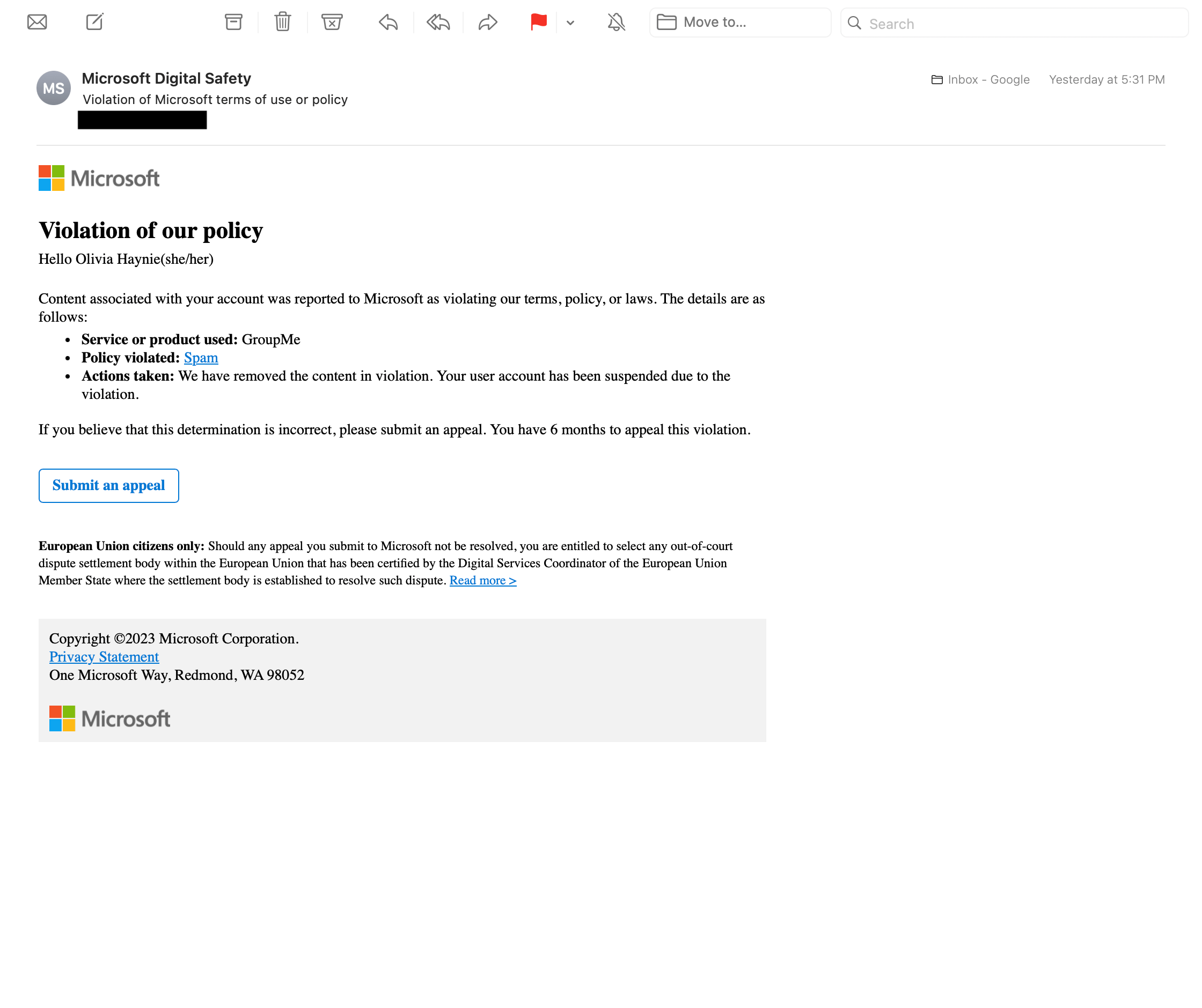 Violation Of Our Policy Email: Real Or Scam - Microsoft Community