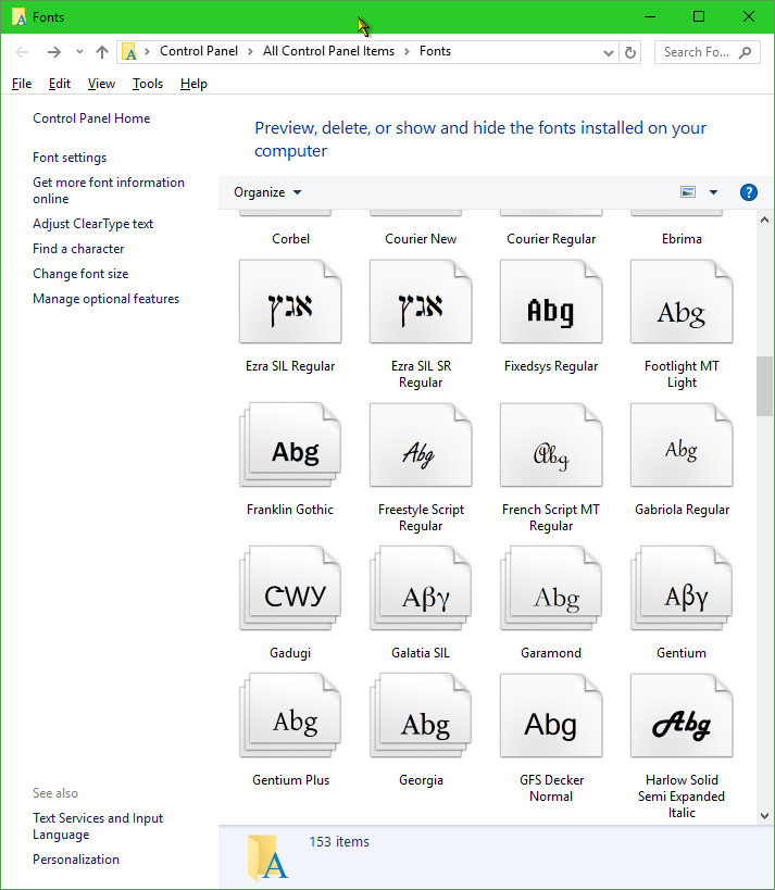 Greek and Hebrew fonts are shown in Fonts and in Wordpad and ...