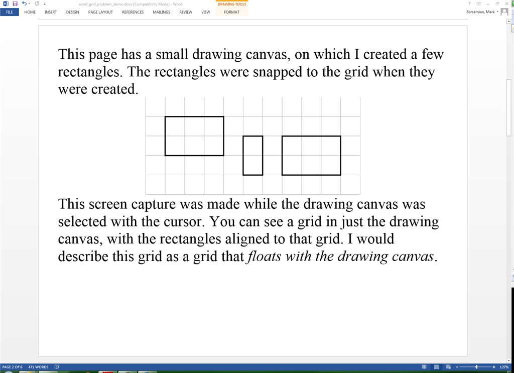 How can I get a floating grid in a drawing canvas in Word 2013