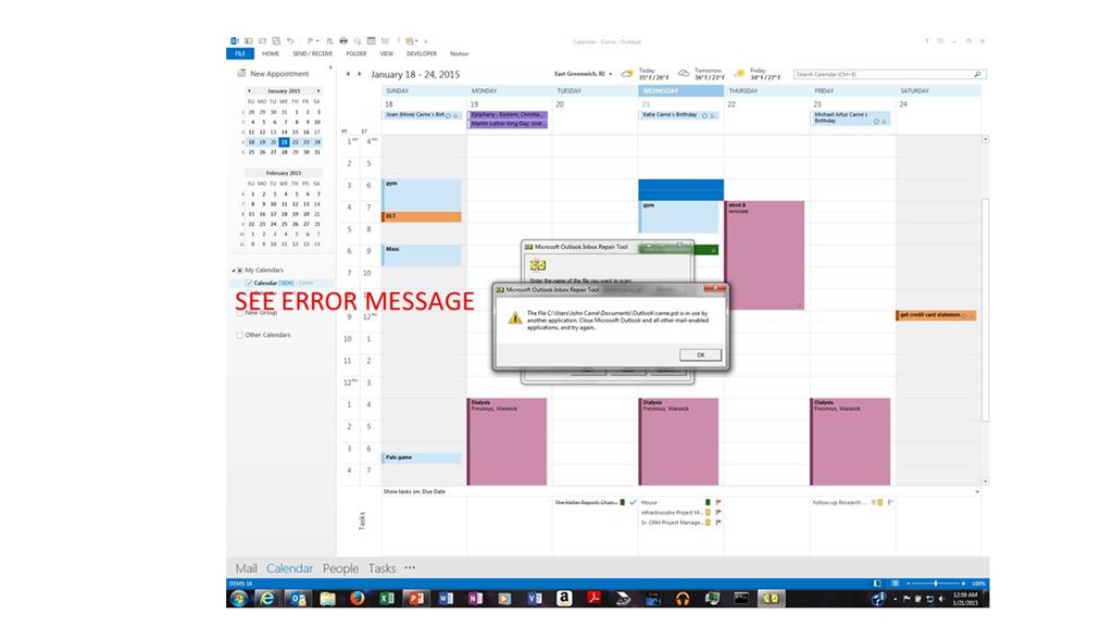 Cannot save a meeting in outlook calendar. Errors detected in PST