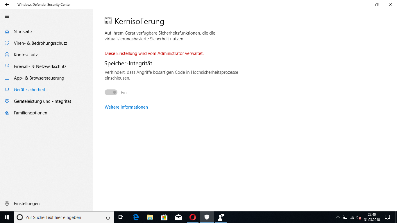Kernisolierung in Windows 10 1803 kann nicht deaktiviert werden