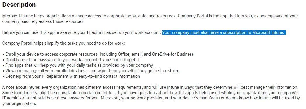 Microsoft Intune Company Portal showing 