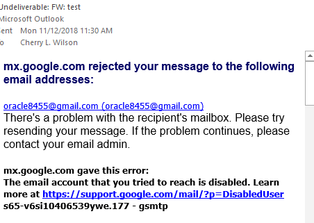 The response was: The email account that you tried to reach does not exist.  Please try double-checking the recipient's email address for typos or  unnecessary spaces. Learn more at   n25sor3930217ioj.72 