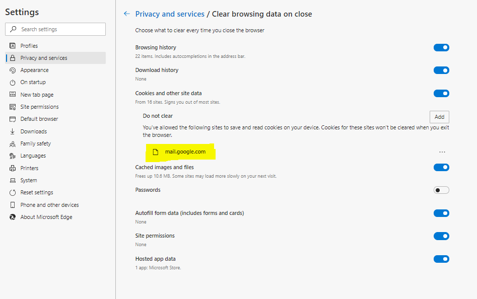 Microsoft Edge - Settings - Privacy and Services - Clear Browsing Data ...