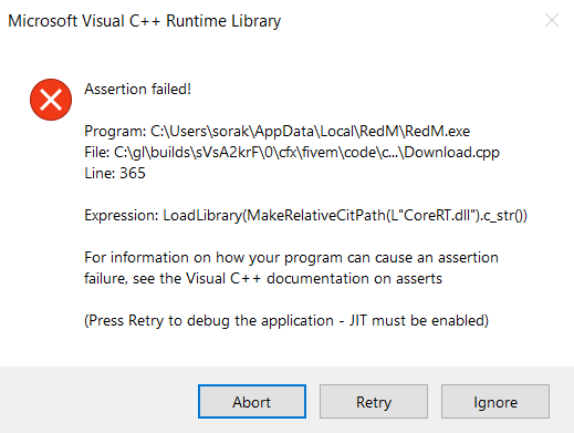 Microsoft Visual C++ Runtime Library, Assertion Failed, Error 365.