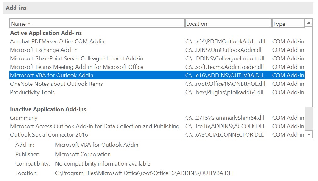 cannot disable microsoft vba for outlook add in