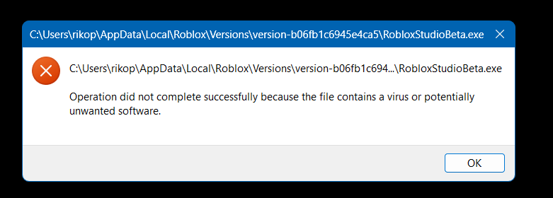 Roblox Studio is marked as a Trojan by Windows Defender - Studio
