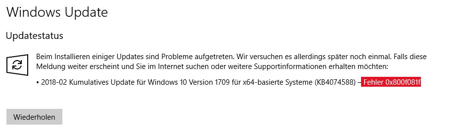 Windows Update Fehler  Fehler 0x800f081f