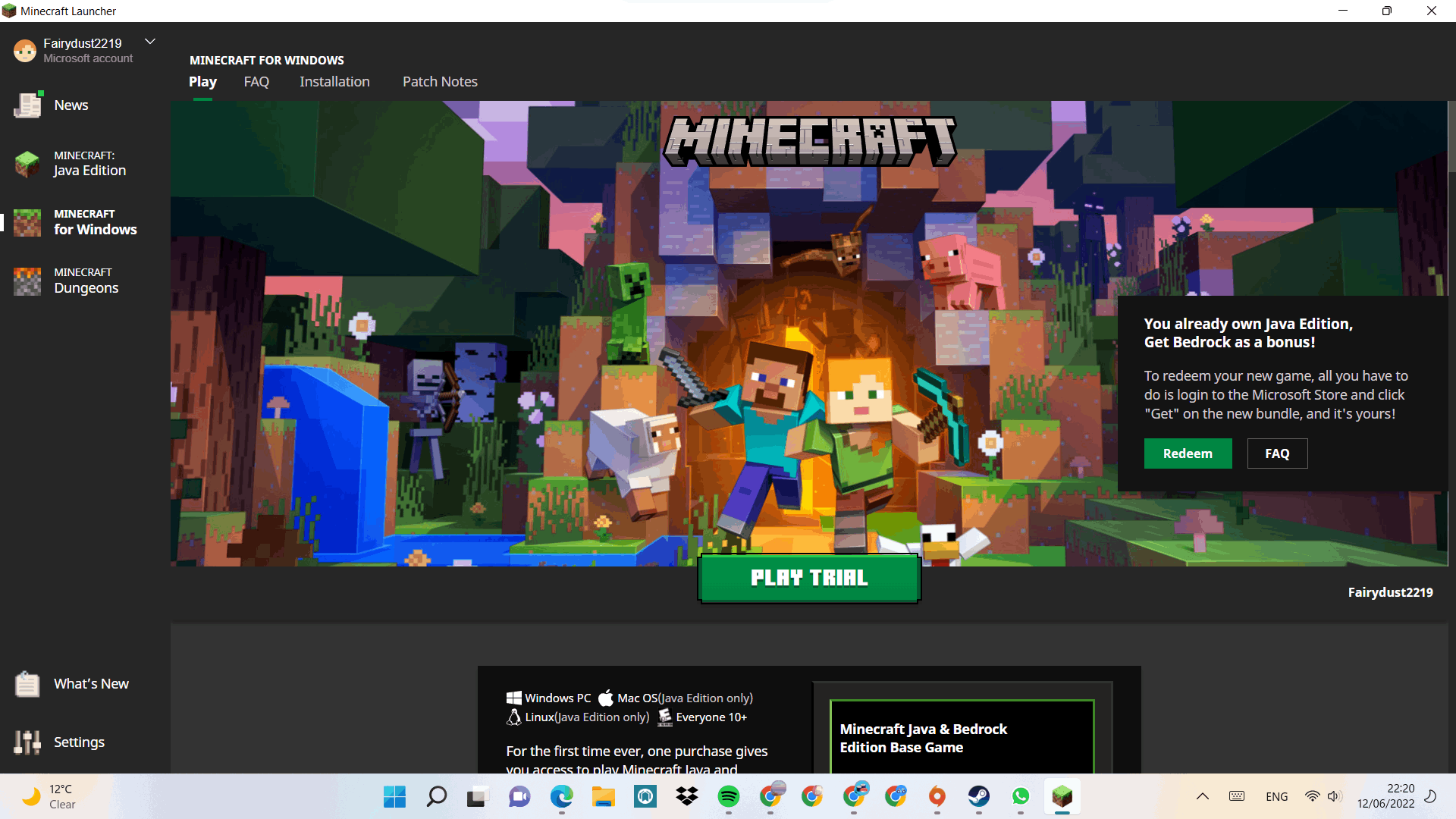 Free edition of Minecraft for Windows 10 not on my device