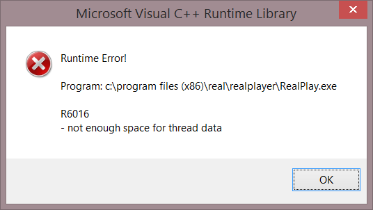 Runtime Error R6016 Not Enough Space For Thread Data En Windows 8 1 Microsoft Community