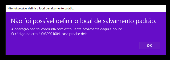 Erro ao mudar o diretório de instalações de novos aplicativos, ou