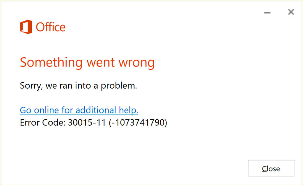 Can't install Office 2016 Pro. Error code: 30015-11 (-1073741790 