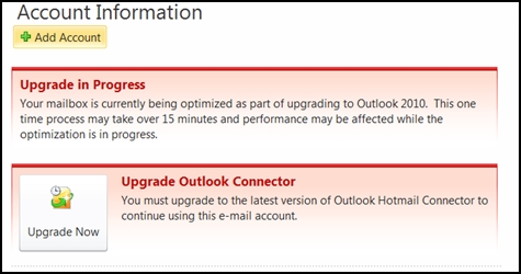 outlook 2010 hotmail connector upgrade in progress