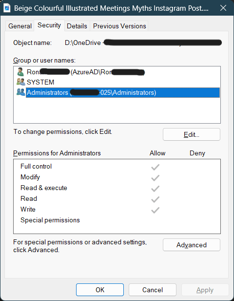 Image of permissions for files downloaded from internet