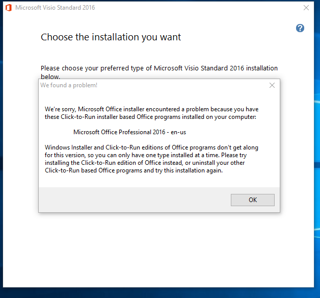 Cannot install visio with office 365