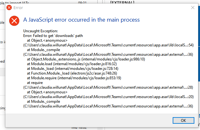 A JavaScript error occurred in the main process. Uncaught