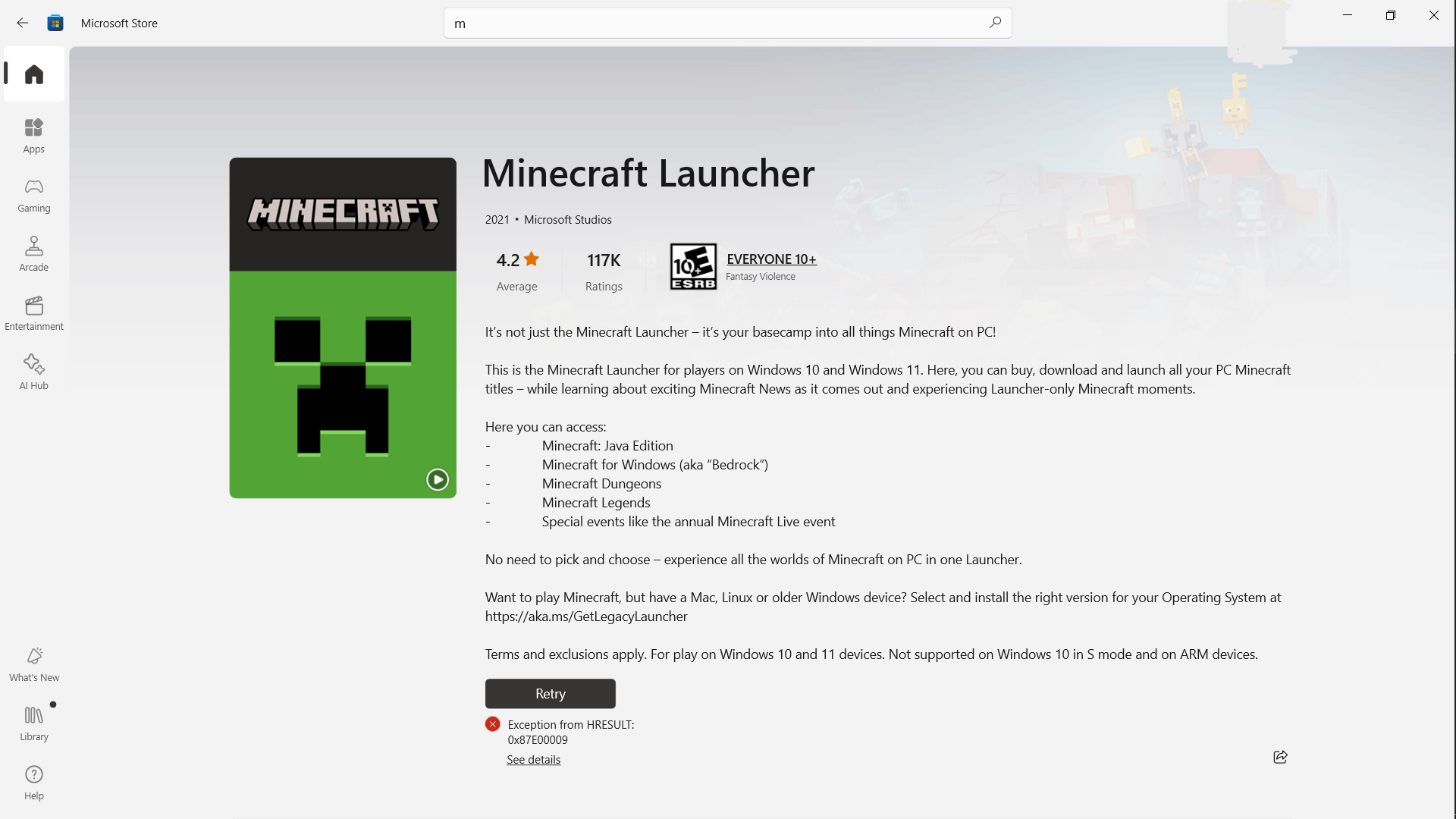 Error Code 0x87E00009 When Trying To Install/download The Minecraft ...