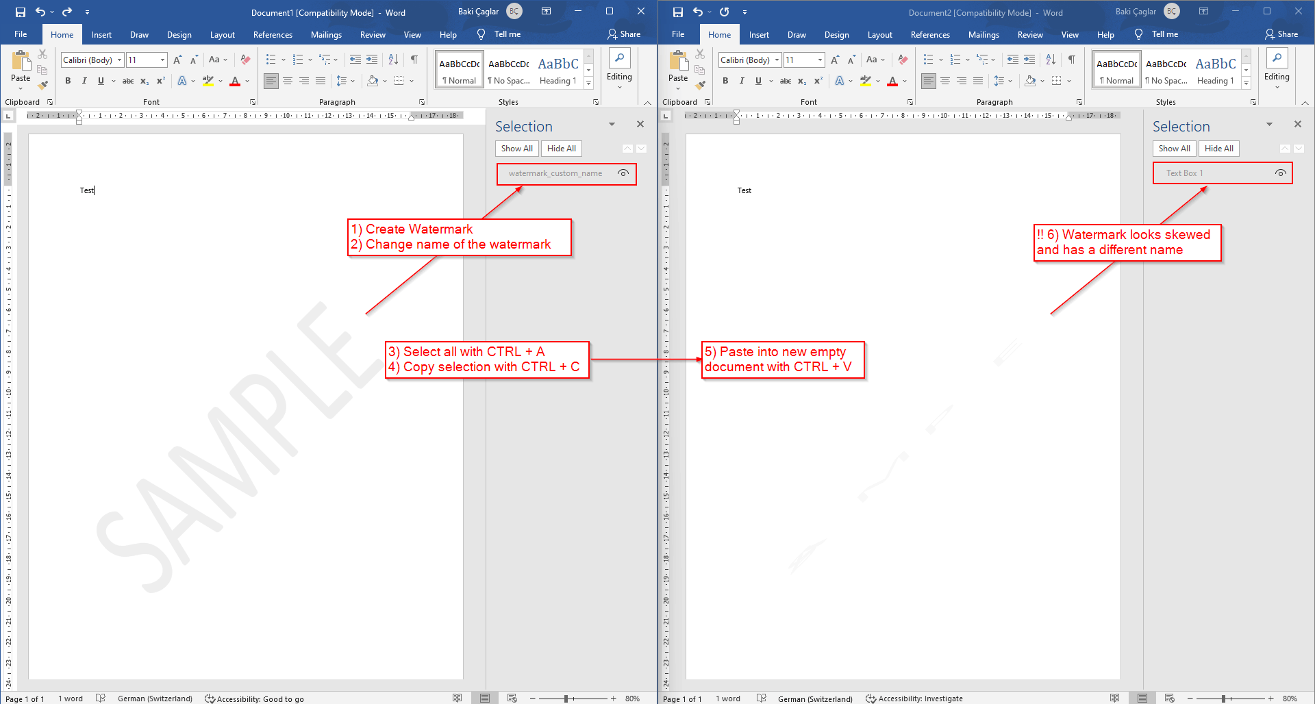 Word - Issue on copy/paste documents with watermarks with a custom 