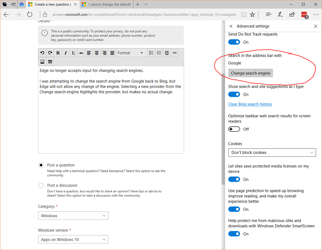Can't change search engine in Edge (BUG) - Microsoft Community