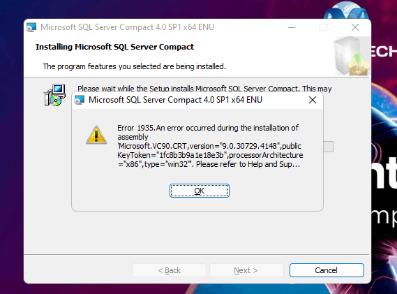 Showing an error while try to install the software