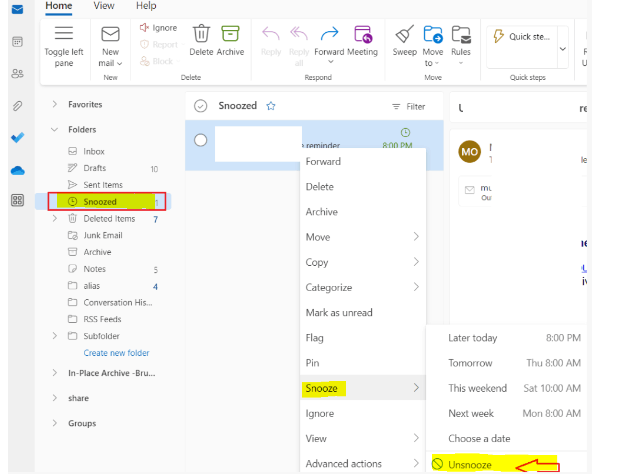 Outlook Snooze function not working - emails remain in in Snoozed ...