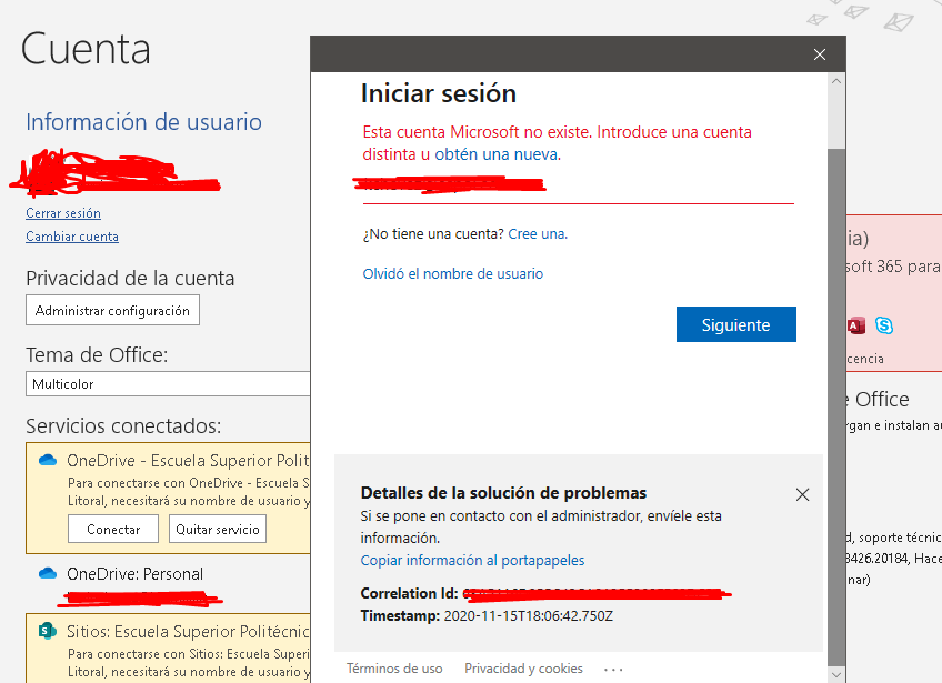 ERROR al cambiar de cuenta microsoft office a una cuenta Educativa -  Microsoft Community