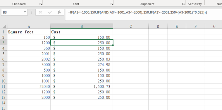 how to calculate the cost per sq ft with 3 criteria - excel data has ...