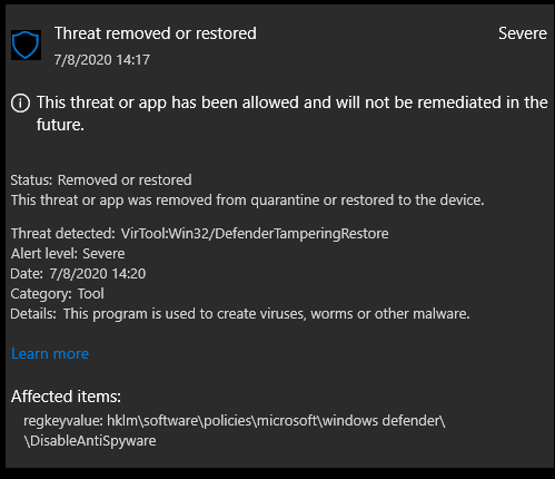 Threat Removed Or Restored - Microsoft Community