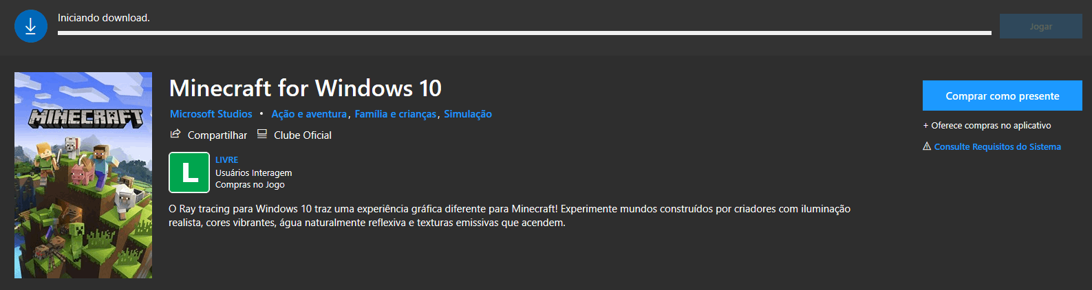 Não consigo baixar a versão de teste do Minecraft para Win.10