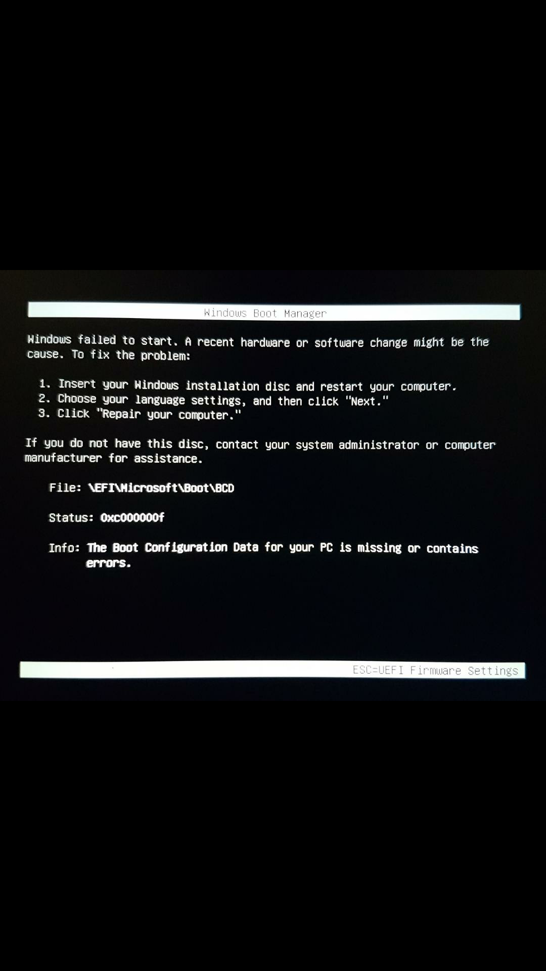 The Boot Configuration Data For Your Pc Is Missing Or Contains Errors ...