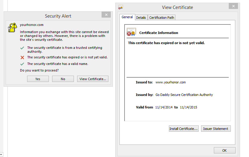 Outlook Security Alert: The security certificate has expired or is