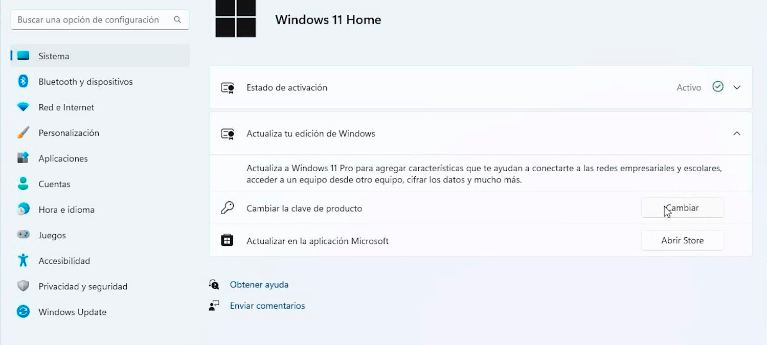  Actualización de Windows 11 Pro, desde Windows 11 Home