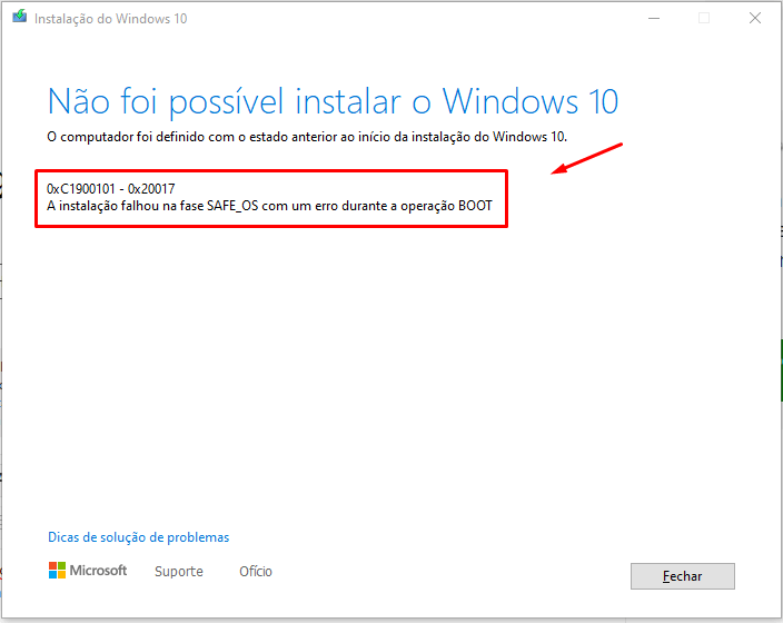 Não foi possível instalar o Windows 10: Erro 0xC1900101 - 0x20017 -  Microsoft Community