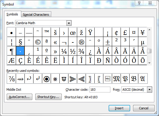 Dot Symbol Character Code