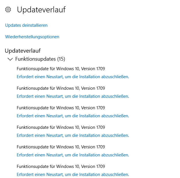 Funktionsupdate von Version 1703 auf 1709 schlägt seit Wochen fehl und es wird immer wieder...